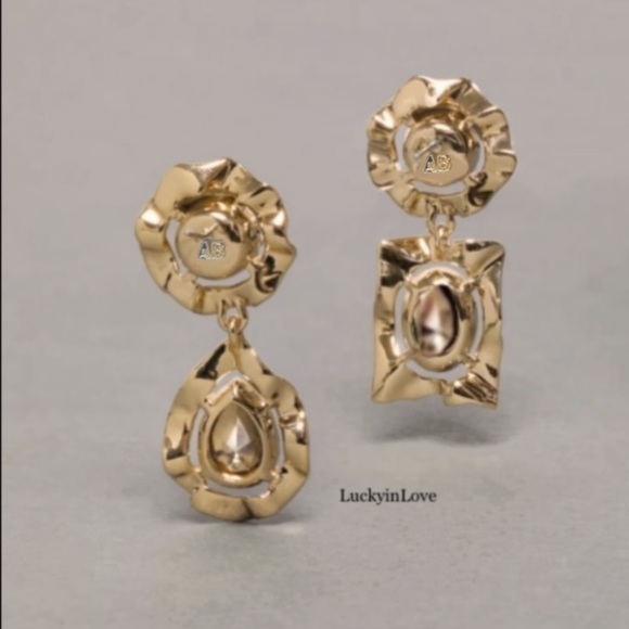 ALEXIS BITTAR• Gold Crystal Rainbow Blue Antiquities Mismatched Ruffled Earrings - Picture 6 of 10